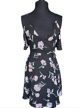Lush Black Mini Wrap Dress with Pink Floral Print Size XS Cold Shoulder